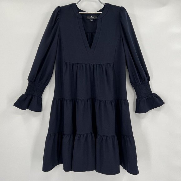 Pomander Place by Tuckernuck Navy Blue Crepe Kenzo Mini Dress sz XS Tiered NWOT - Picture 2 of 5